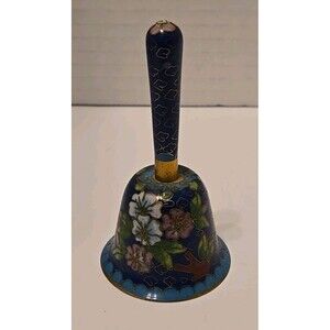 Vintage Blue Floral Enamel Brass Cloisonné Bell  3.5” Chinese Metal